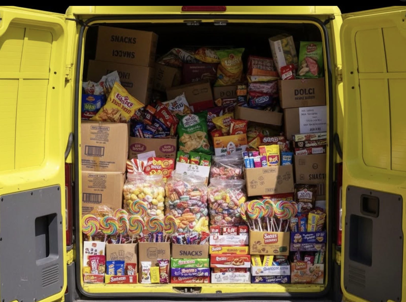 Il retro del furgone Secolo Commerciale carico di dolciumi, caramelle e snack pronti per la consegna
